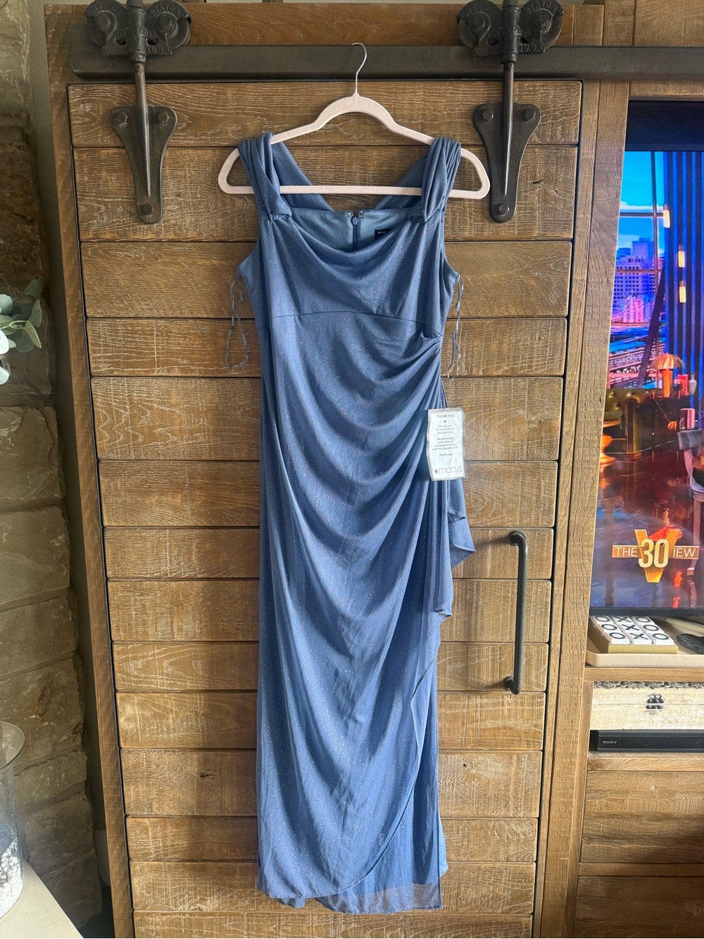 Macy's Slate Blue Draped Maxi Dress with Wide Straps